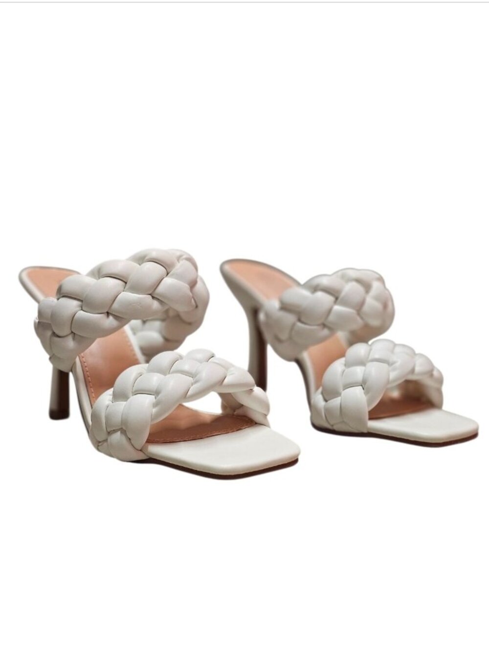 White Braided Heeled Sandals With Square Toe & Slip-On Style - Picture 9 of 12
